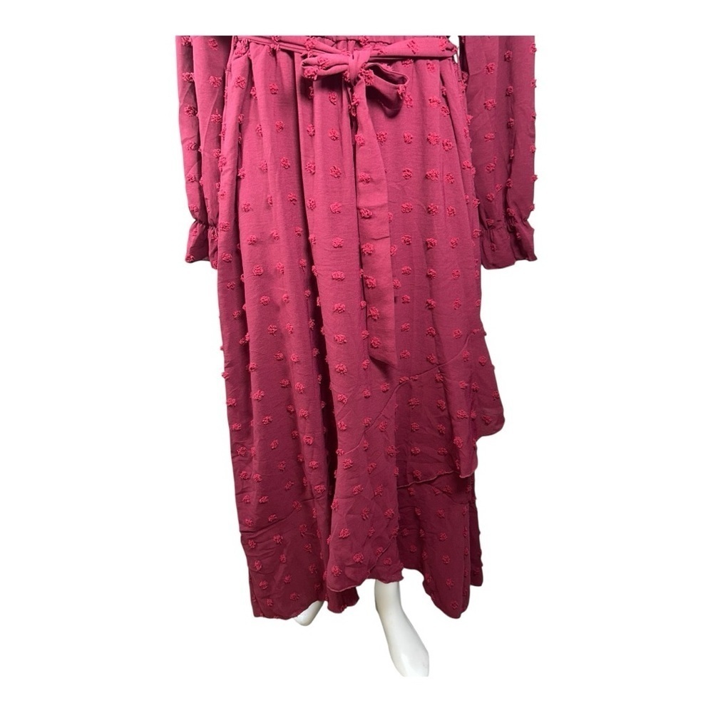 BTFBM Boho Maxi Dress XXL Burgundy Long Sleeve V-Neck Swiss Dot Ruffle Wrap New - Picture 5 of 14